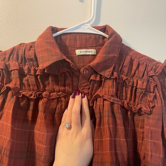 Max Studio Rust Plaid Ruffle Yoke Button-Up Blouse - Picture 2 of 16